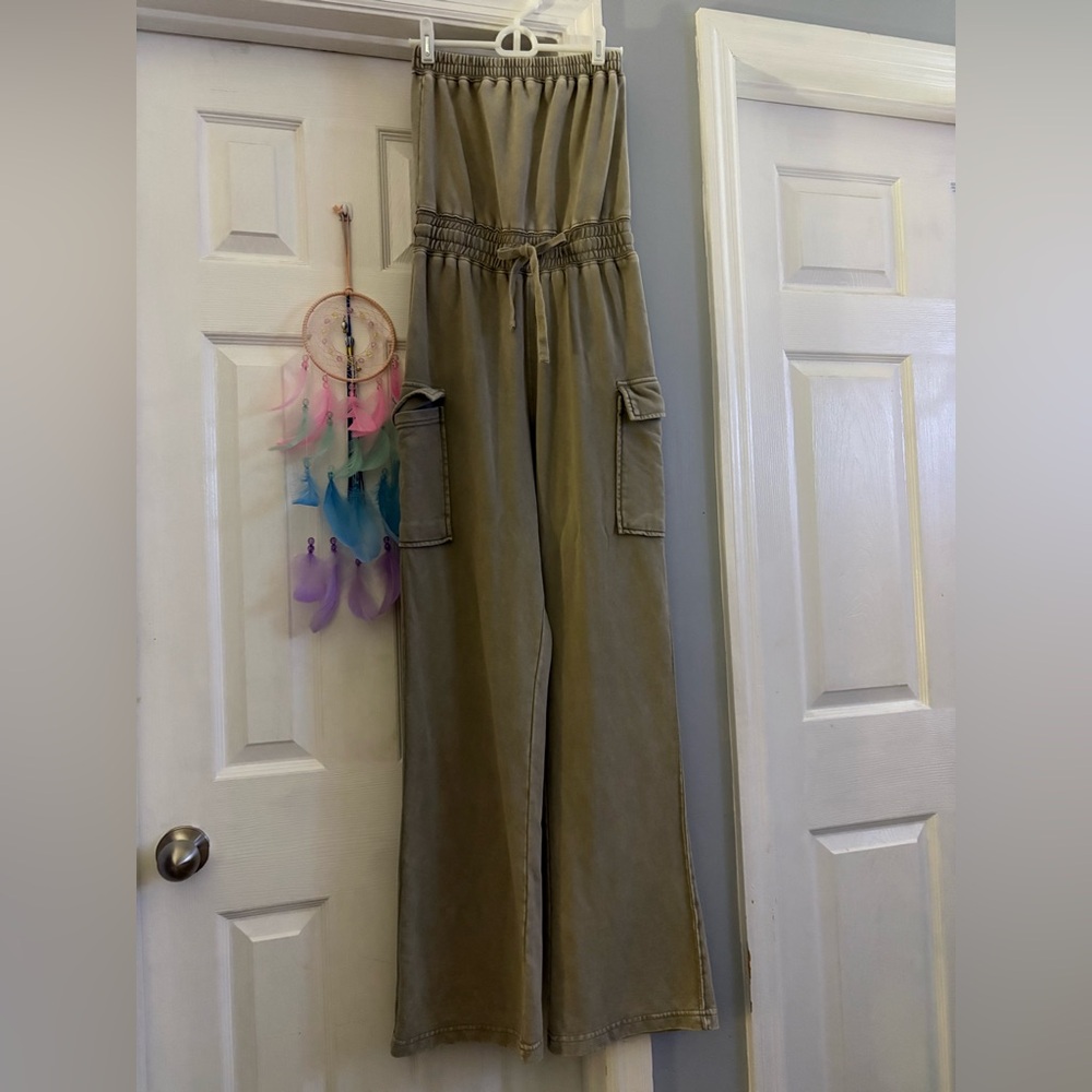 Olive Wide-Leg Utility Jumpsuit with Drawstring Waist